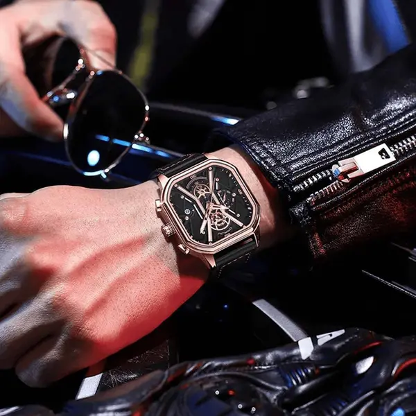 CRRJU 2313 Comfortable Genuine Leather Strap Multifunctional Chronograph Casual Men's Watch – Dial Color: Rose Gold, Strap Color: Black – View 2