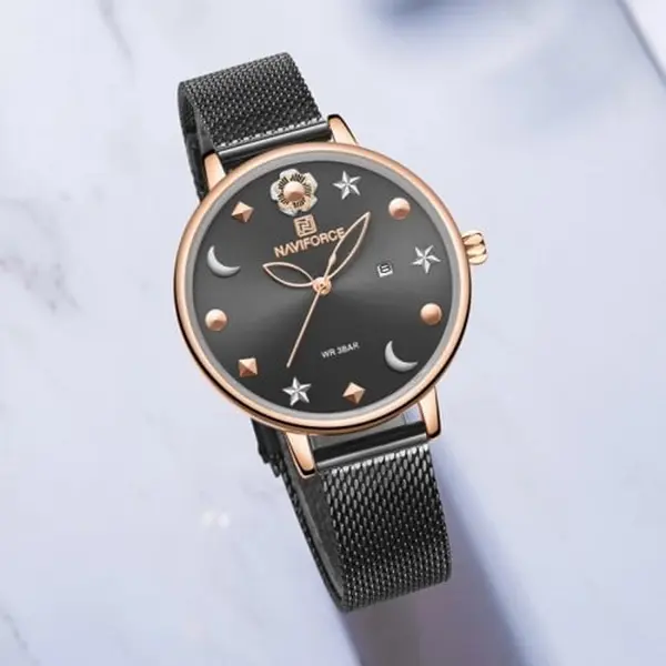 NAVIFORCE NF5009 Mesh Stainless Steel Analog Watch For Women – Dial Color: Black, Strap Color: Black – View 2