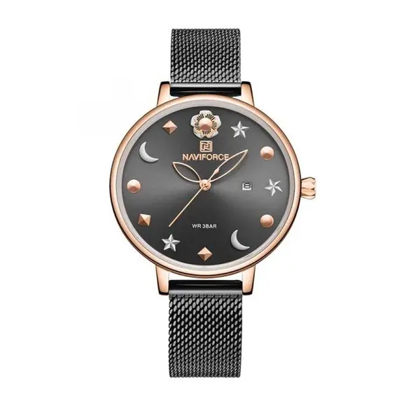 NAVIFORCE NF5009 Mesh Stainless Steel Analog Watch For Women – Dial Color: Black, Strap Color: Black – View 1