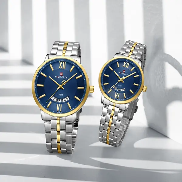 NAVIFORCE NF9238 Modern & Stylish Stainless Steel strap Calendar Analog Couple Watch – Dial Color: Blue Gold, Strap Color: Silver – View 2