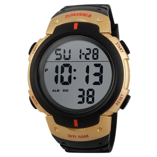 SKMEI 1068 Exclusive Digital Waterproof Sporty Men's Watch – Dial Color: Black, Strap Color: Gold  – View 1