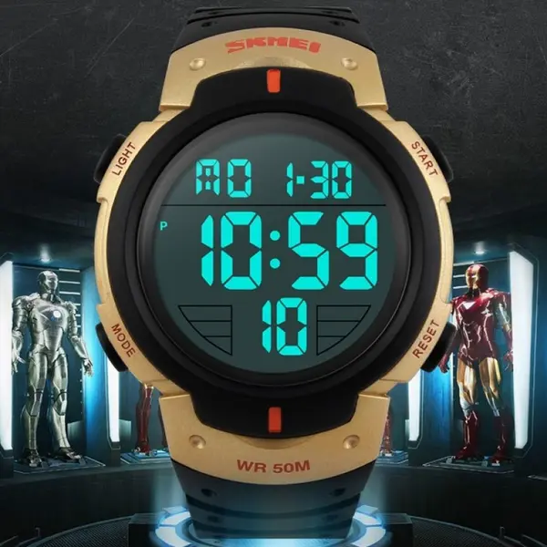 SKMEI 1068 Exclusive Digital Waterproof Sporty Men's Watch – Dial Color: Black, Strap Color: Gold  – View 3