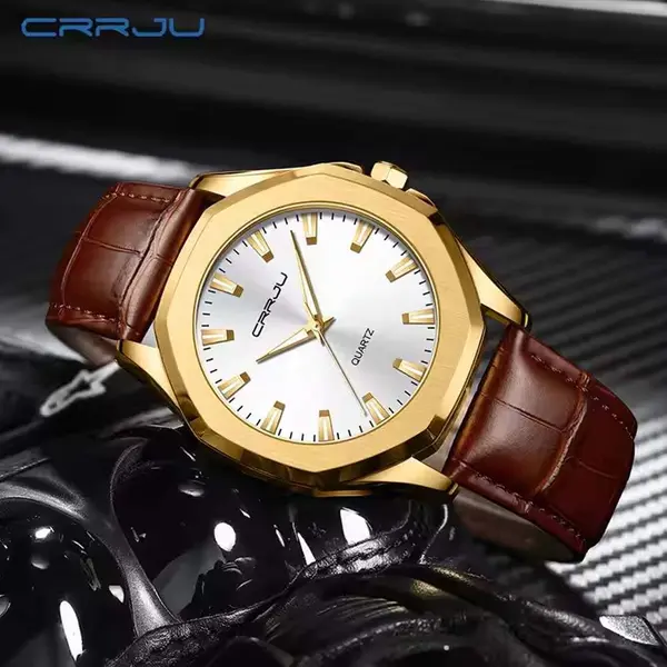 CRRJU 5015 Comfortable Genuine Leather Strap Luxury Fashion Men's Watch – Dial Color: Gold, Strap Color:  Brown  – View 2