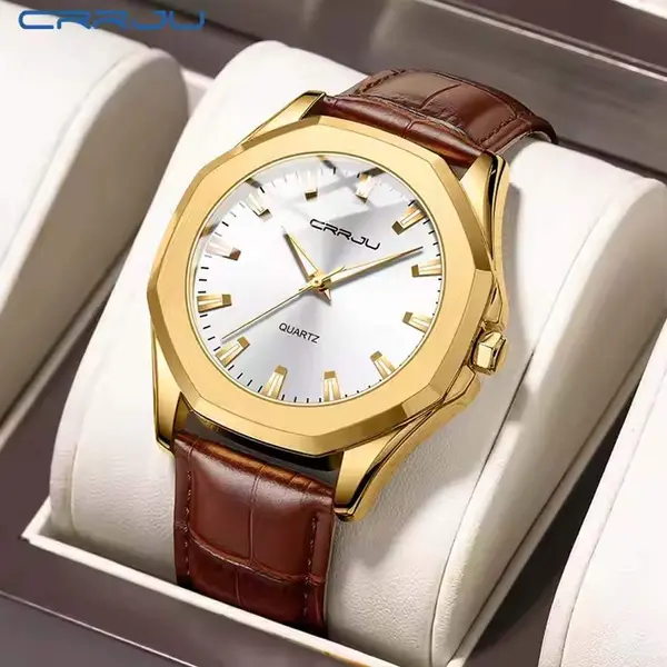 CRRJU 5015 Comfortable Genuine Leather Strap Luxury Fashion Men's Watch – Dial Color: Gold, Strap Color:  Brown  – View 3