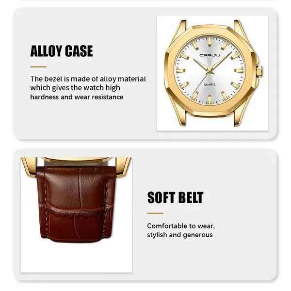 CRRJU 5015 Comfortable Genuine Leather Strap Luxury Fashion Men's Watch – Dial Color: Gold, Strap Color:  Brown  – View 5