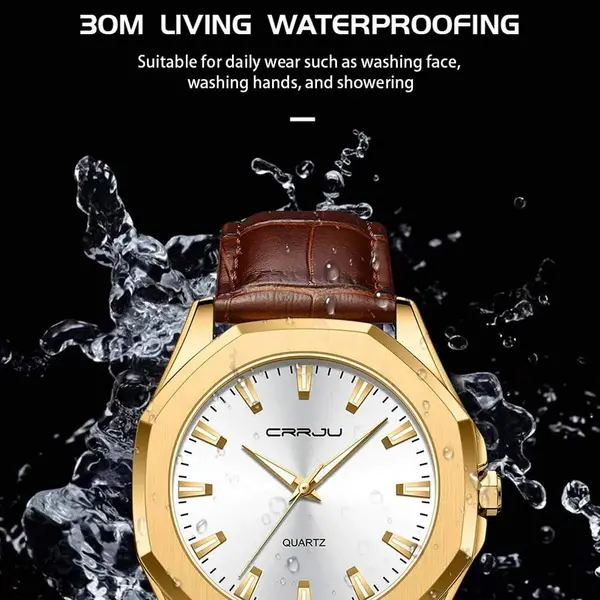 CRRJU 5015 Comfortable Genuine Leather Strap Luxury Fashion Men's Watch – Dial Color: Gold, Strap Color:  Brown  – View 6