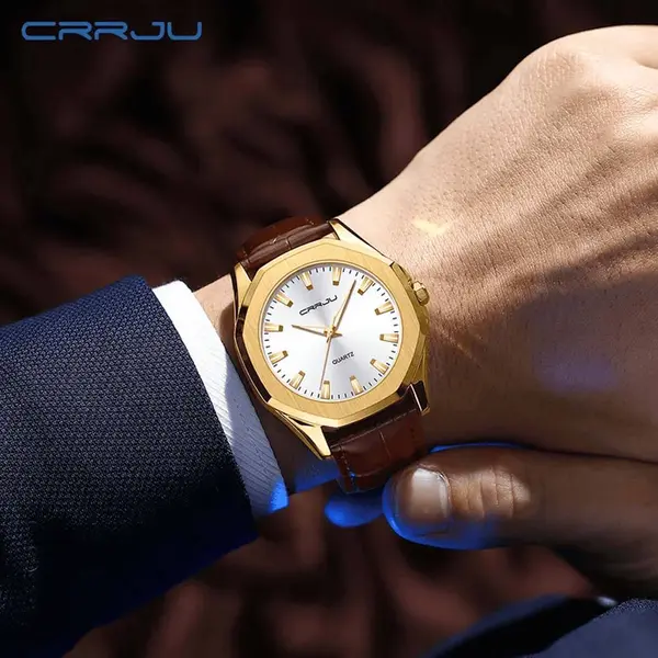 CRRJU 5015 Comfortable Genuine Leather Strap Luxury Fashion Men's Watch – Dial Color: Gold, Strap Color:  Brown  – View 7