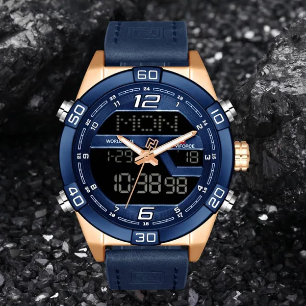 NAVIFORCE NF9128 Dual Display PU Leather Men's Watch – Dial Color: Blue, Strap Color: Blue – View 3