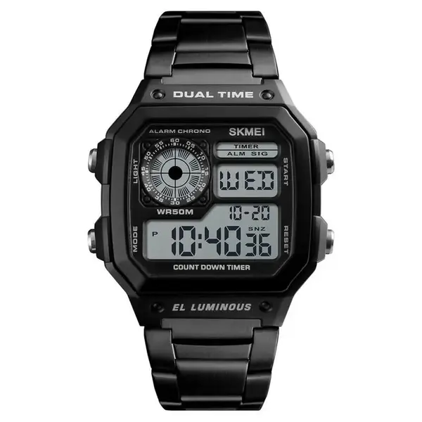 SKMEI 1335 Digital Multifunctional Stainless Steel Sporty Men's Watch – Dial Color: Black, Strap Color: Black – View 1