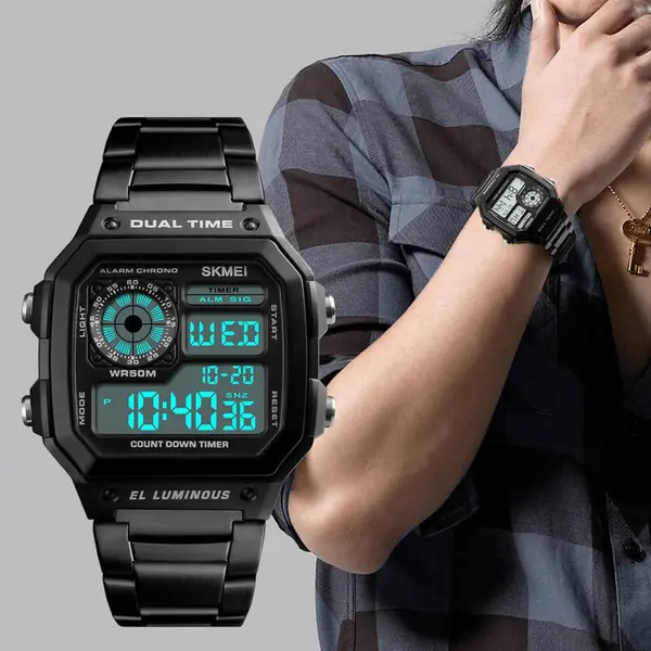 SKMEI 1335 Digital Multifunctional Stainless Steel Sporty Men's Watch – Dial Color: Black, Strap Color: Black – View 5