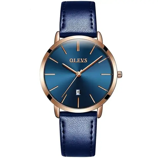 OLEVS 5869 Comfy Leather Strap Waterproof Ultra Slim Couple's Wristwatch – Dial Color: Blue, Strap Color: Blue – View 1