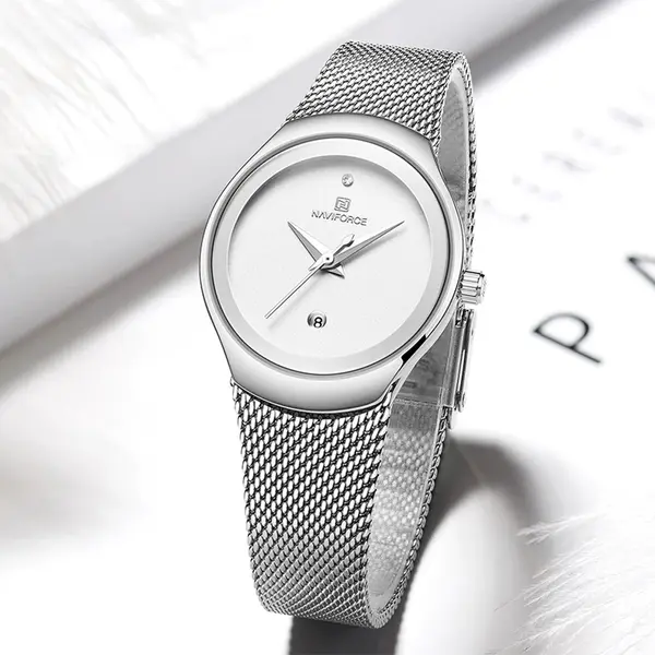 Naviforce NF5004 Milanese Mesh Strap Waterproof Versatile Ultra Thin Women's watch – Dial Color: White, Strap Color: Silver – View 2