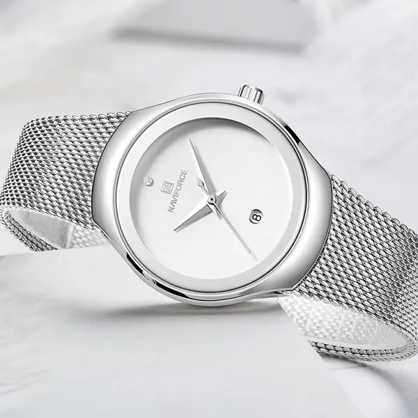 Naviforce NF5004 Milanese Mesh Strap Waterproof Versatile Ultra Thin Women's watch – Dial Color: White, Strap Color: Silver – View 3