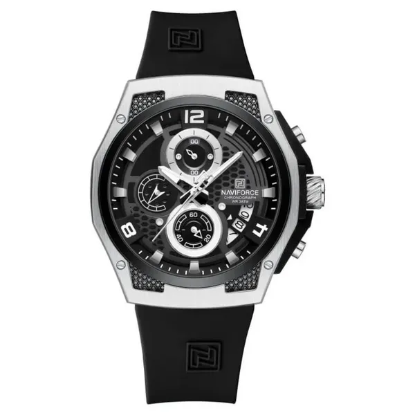 NAVIFORCE NF8051T Luxury Silicone Band Quartz Men's Watch – Dial Color: Silver, Strap Color: Black – View 1