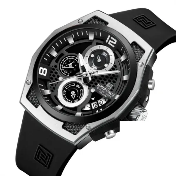 NAVIFORCE NF8051T Luxury Silicone Band Quartz Men's Watch – Dial Color: Silver, Strap Color: Black – View 2