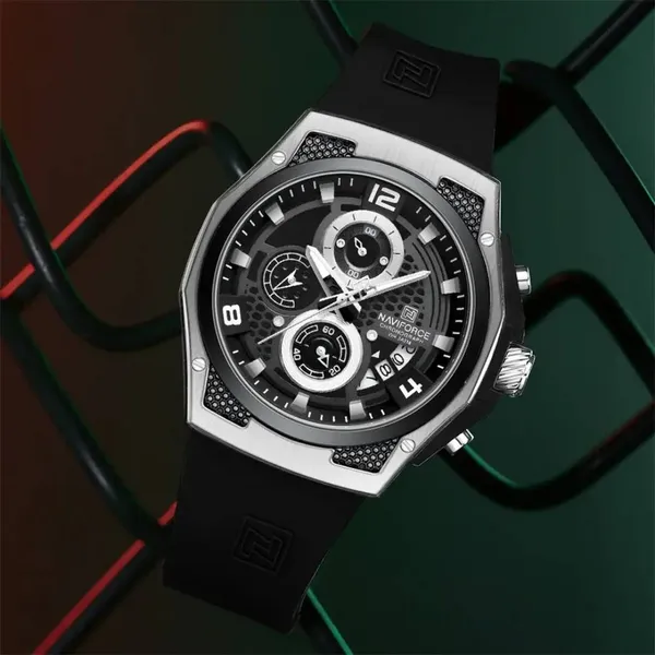 NAVIFORCE NF8051T Luxury Silicone Band Quartz Men's Watch – Dial Color: Silver, Strap Color: Black – View 3