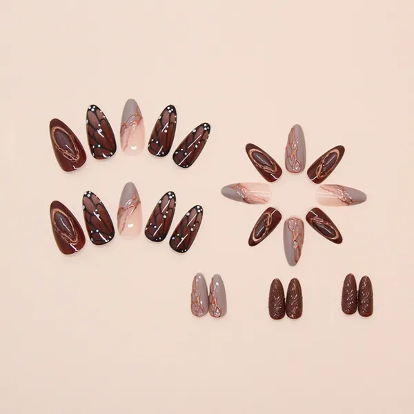 24Pcs Brown Butterfly Wing DIY Art Design False Wearable Artificial Nails with Glue  – View 2