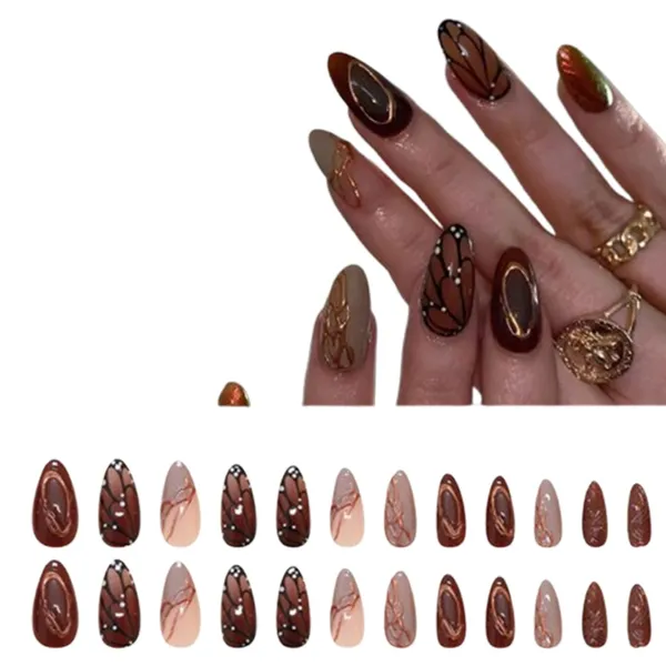 24Pcs Brown Butterfly Wing DIY Art Design False Wearable Artificial Nails with Glue  – View 1