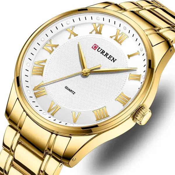Curren 8409 Roman Number With Stainless Steel Analog Men's Watch – Dial Color: White, Strap Color: Gold – View 3
