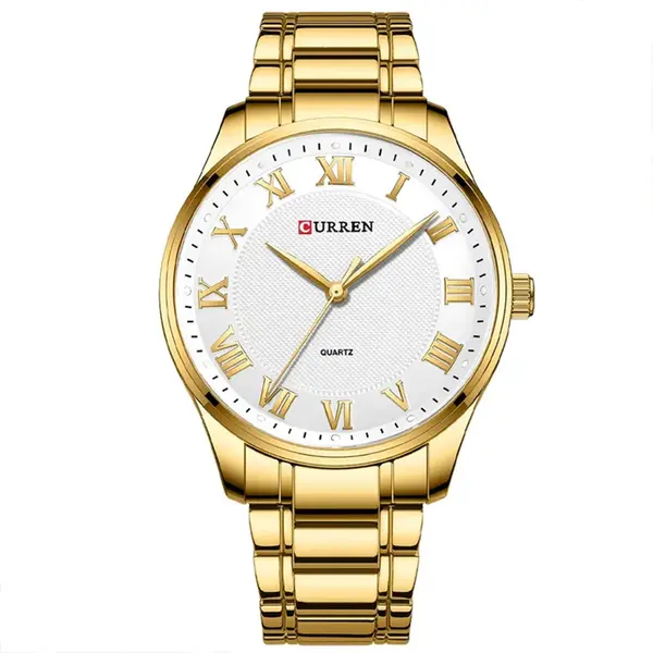 Curren 8409 Roman Number With Stainless Steel Analog Men's Watch – Dial Color: White, Strap Color: Gold – View 1