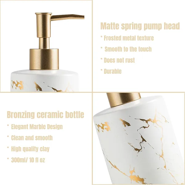 Ceramics Gold Marbling Dish Soap and Lotion Bottle Pump Modern Liquid Soap Dispenser 300ml – Color: White – View 3