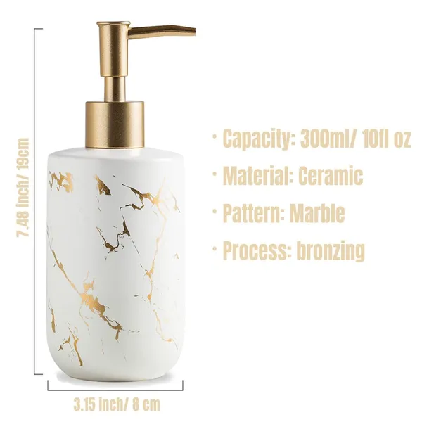 Ceramics Gold Marbling Dish Soap and Lotion Bottle Pump Modern Liquid Soap Dispenser 300ml – Color: White – View 4