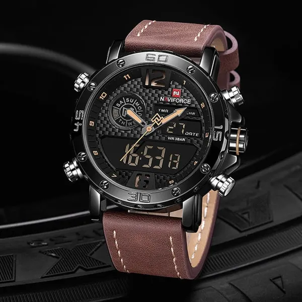 NAVIFORCE NF9134 PU Leather Analog Digital Sports Men's Watch – Dial Color: Black, Strap Color:  Brown  – View 3