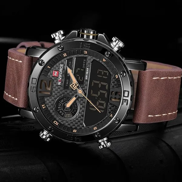 NAVIFORCE NF9134 PU Leather Analog Digital Sports Men's Watch – Dial Color: Black, Strap Color:  Brown  – View 4