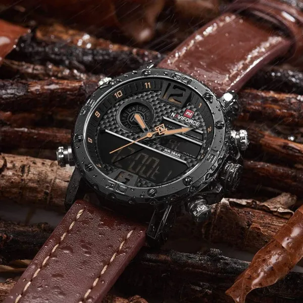 NAVIFORCE NF9134 PU Leather Analog Digital Sports Men's Watch – Dial Color: Black, Strap Color:  Brown  – View 5