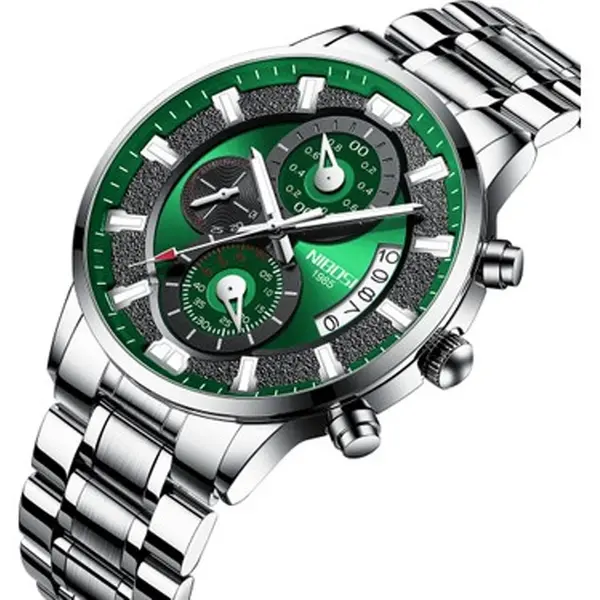 Nibosi 2382 Luxury Stainless Steel Waterproof Men's Watch – Dial Color: Green, Strap Color: Silver – View 2