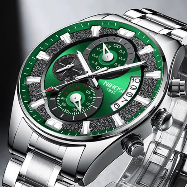 Nibosi 2382 Luxury Stainless Steel Waterproof Men's Watch – Dial Color: Green, Strap Color: Silver – View 3