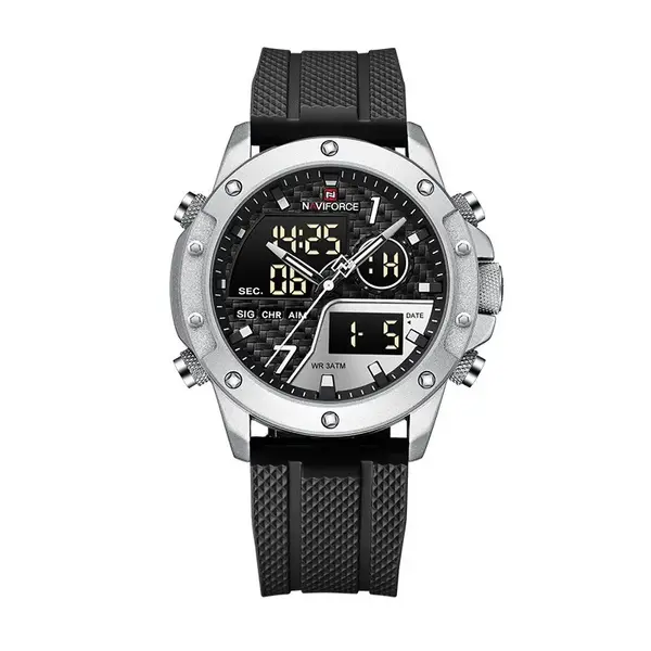 Naviforce NF9221 Lavish Silicon Rubber  Dual Time Quartz  Classic Men's Watch – Dial Color: Silver, Strap Color: Black – View 1