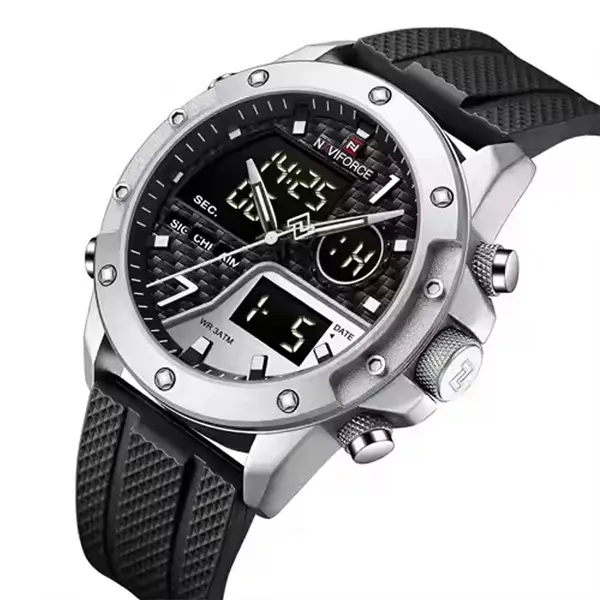 Naviforce NF9221 Lavish Silicon Rubber  Dual Time Quartz  Classic Men's Watch – Dial Color: Silver, Strap Color: Black – View 3