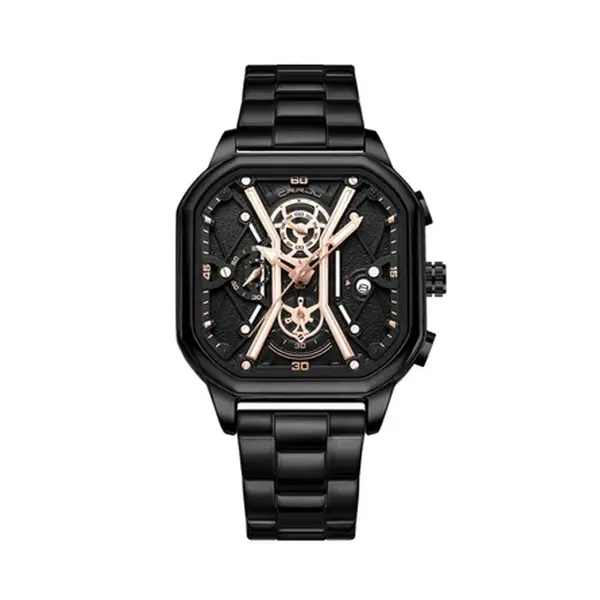 CRRJU 2313 Comfortable Stainless Steel Multifunctional Chronograph Luminous Dial Casual Men's Watch – Dial Color: Rose Black, Strap Color: Black – View 1