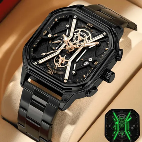 CRRJU 2313 Comfortable Stainless Steel Multifunctional Chronograph Luminous Dial Casual Men's Watch – Dial Color: Rose Black, Strap Color: Black – View 2