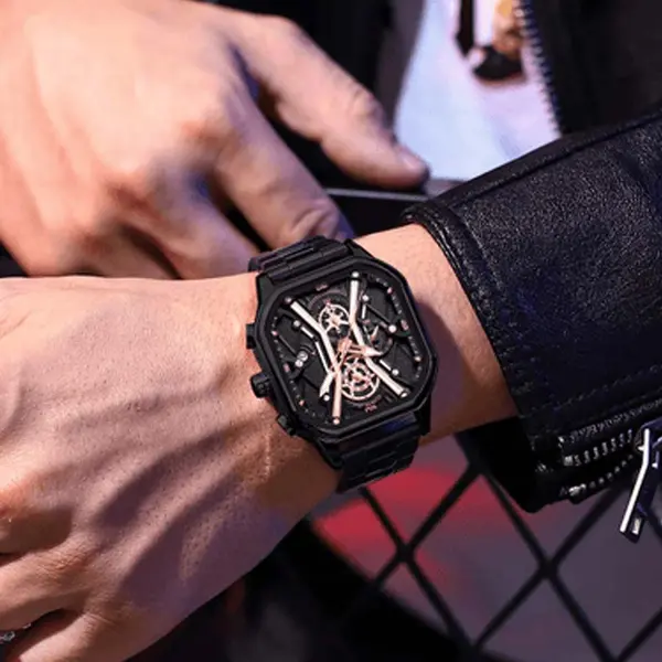 CRRJU 2313 Comfortable Stainless Steel Multifunctional Chronograph Luminous Dial Casual Men's Watch – Dial Color: Rose Black, Strap Color: Black – View 3