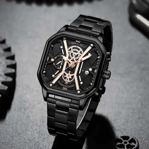 CRRJU 2313 Comfortable Stainless Steel Multifunctional Chronograph Luminous Dial Casual Men's Watch – Dial Color: Rose Black, Strap Color: Black – View 4
