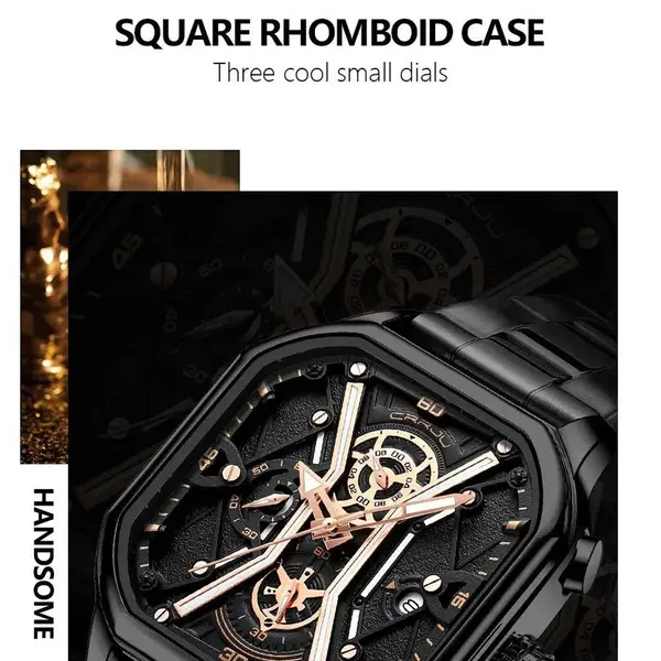 CRRJU 2313 Comfortable Stainless Steel Multifunctional Chronograph Luminous Dial Casual Men's Watch – Dial Color: Rose Black, Strap Color: Black – View 5