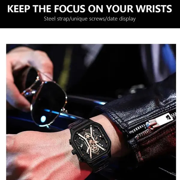 CRRJU 2313 Comfortable Stainless Steel Multifunctional Chronograph Luminous Dial Casual Men's Watch – Dial Color: Rose Black, Strap Color: Black – View 6