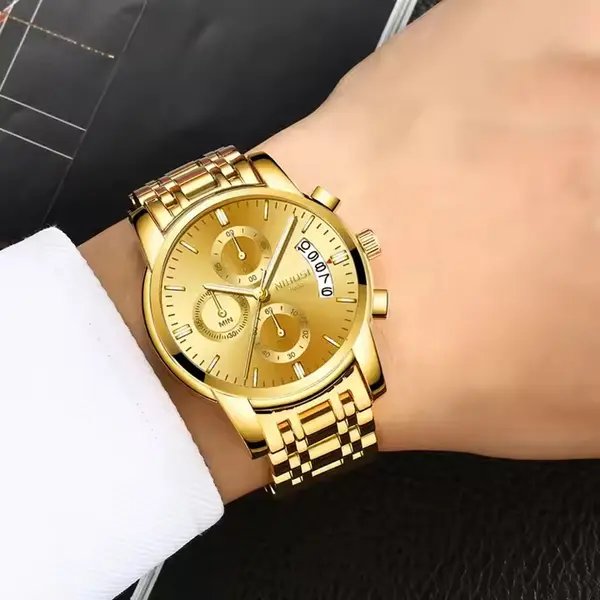 Nibosi 2353 Stylish Stainless Steel Strap & Waterproof Men's Watch – Dial Color: Gold, Strap Color: Gold – View 2