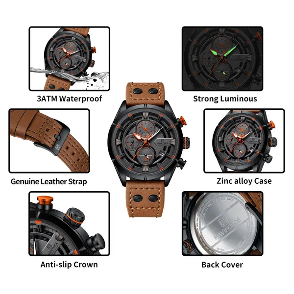 Naviforce NF8045 Vintage Sports Genuine Leather Men's Watch – Dial Color: Black, Strap Color:  Brown  – View 3