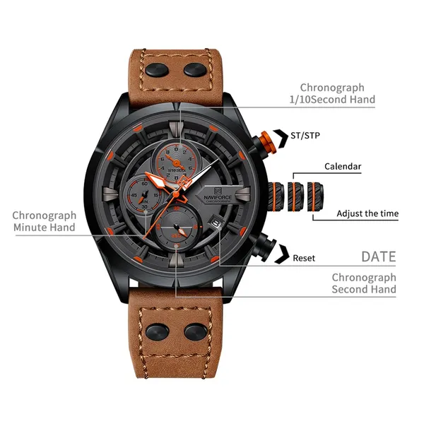 Naviforce NF8045 Vintage Sports Genuine Leather Men's Watch – Dial Color: Black, Strap Color:  Brown  – View 4