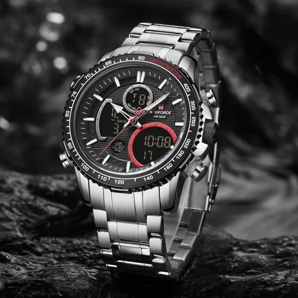 Naviforce NF9182 Luxurious Strainless Steel Chronograph Men's Watch – Dial Color: Black, Strap Color: Silver – View 3