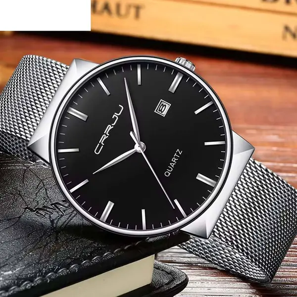 CRRJU 2213 Ultrathin Stainless Steel Multifunctional Analog Quartz Men's Watch – Dial Color: Black, Strap Color: Silver – View 2