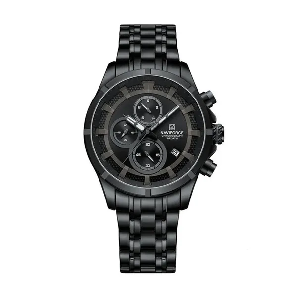 Naviforce 8046 Chronograph Stainless Steel Men Watch – Dial Color: Black, Strap Color: Black – View 1