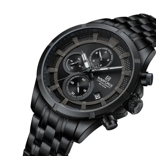 Naviforce 8046 Chronograph Stainless Steel Men Watch – Dial Color: Black, Strap Color: Black – View 2