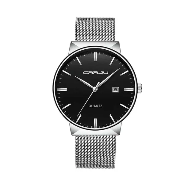 CRRJU 2213 Ultrathin Stainless Steel Multifunctional Analog Quartz Men's Watch – Dial Color: Black, Strap Color: Silver – View 1