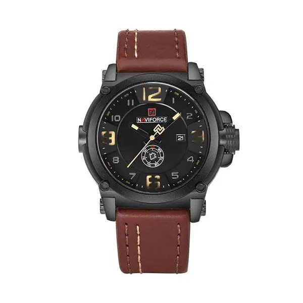 Naviforce NF9099 Luxury Leather Strap Chronograph Casual Male Fashion Watch – Dial Color: Black, Strap Color:  Brown  – View 1