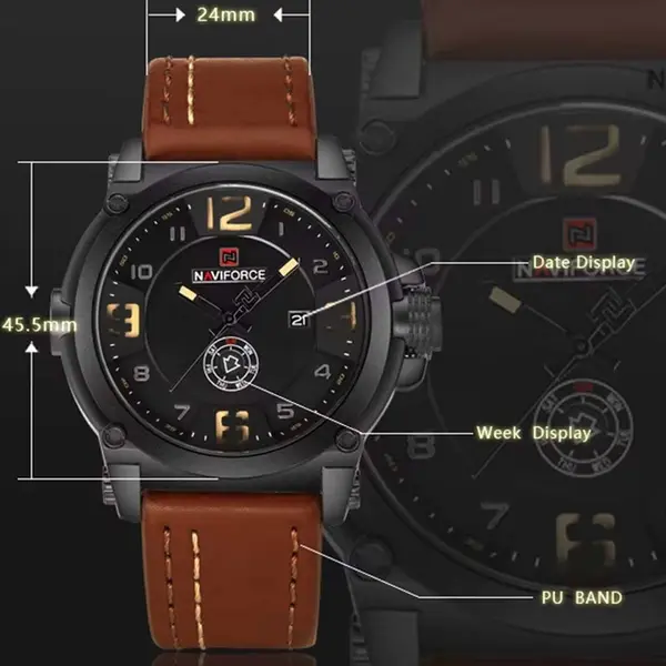 Naviforce NF9099 Luxury Leather Strap Chronograph Casual Male Fashion Watch – Dial Color: Black, Strap Color:  Brown  – View 2