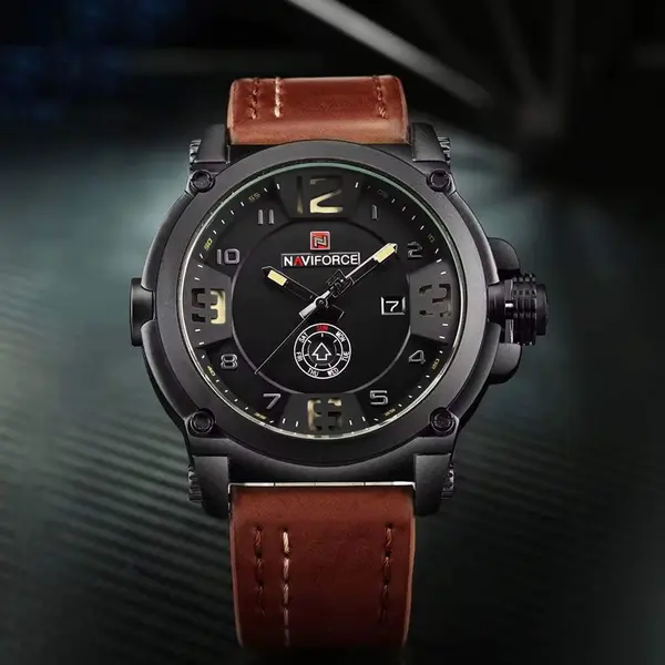 Naviforce NF9099 Luxury Leather Strap Chronograph Casual Male Fashion Watch – Dial Color: Black, Strap Color:  Brown  – View 3